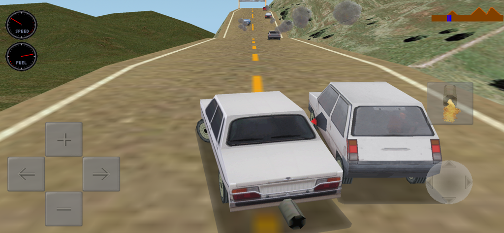 Mad Road 3D - Combat cars game - Gameplay screenshot of Mad Road 3D combat cars game showing two white cars racing and crashing on a mountain road