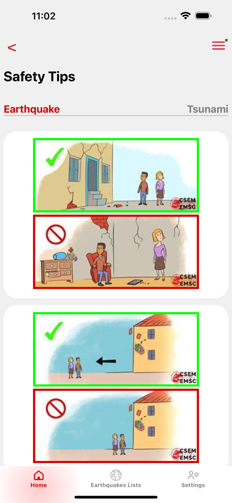 LastQuake - LastQuake app earthquake safety tips showing do and do not illustrations