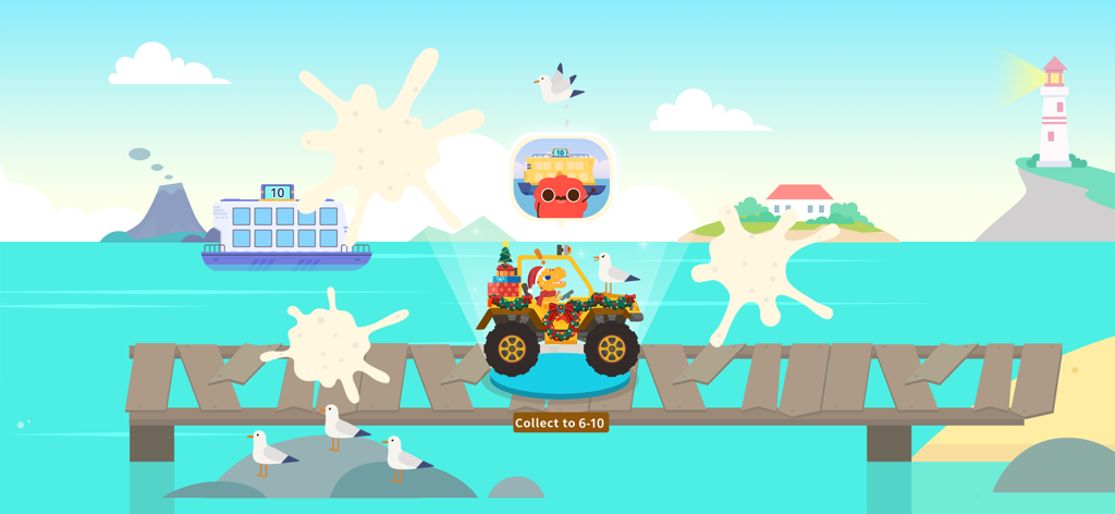 Dinosaur Math Games for kids - A dinosaur in a decorated truck on a wooden pier during a counting activity in the Dinosaur Math game.