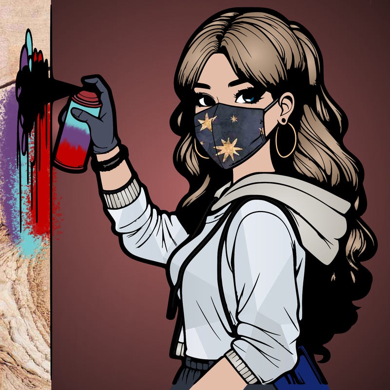 realistic girl with mask spray painting a wall