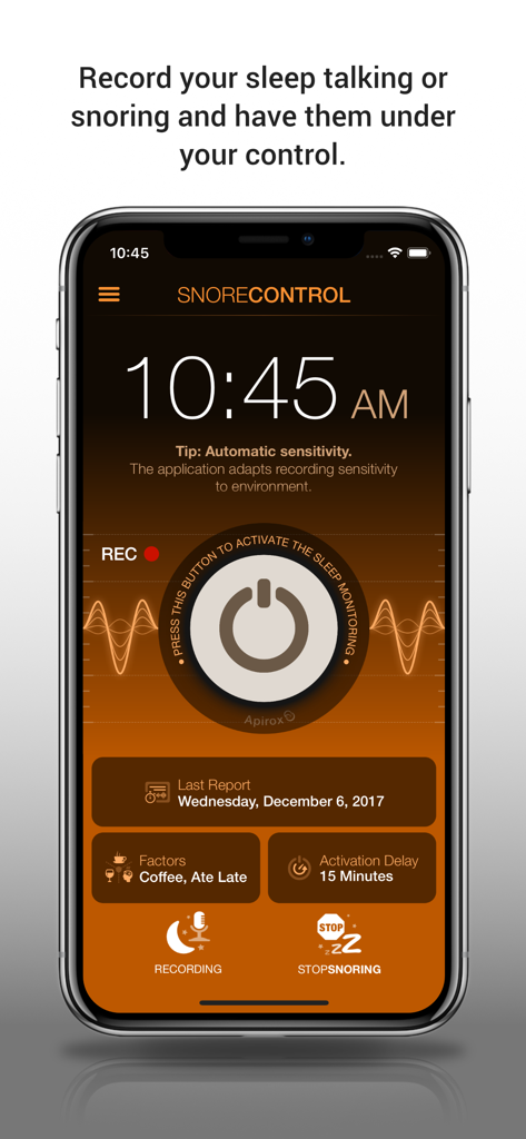 Main interface of the Snore Control app featuring a large power button to activate sleep monitoring and sections for tracking lifestyle factors