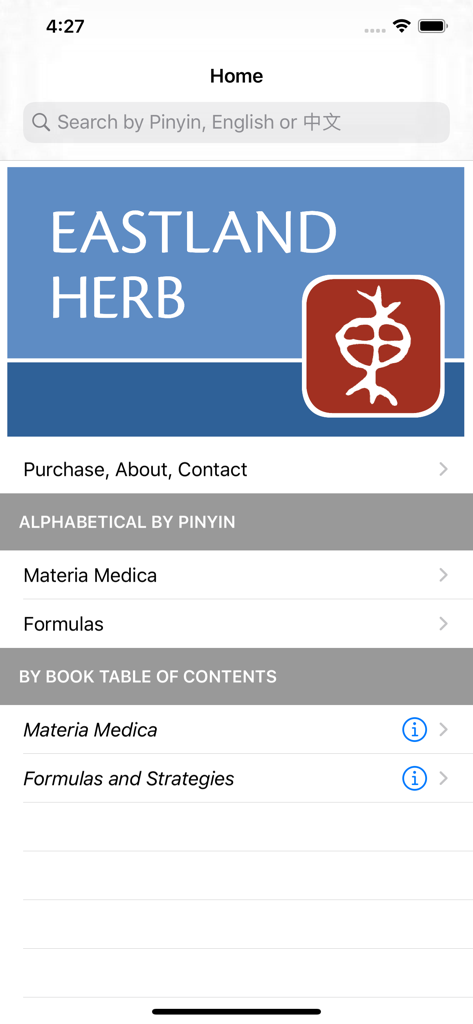 Eastland Herb–Chinese Medicine - Schermata principale dell'app Eastland Herb con barra di ricerca e indice di Materia Medica e Formule e Strategie.