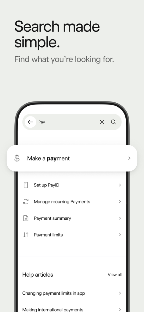 Bankwest - The Bankwest app search screen displaying results for payment options and help articles