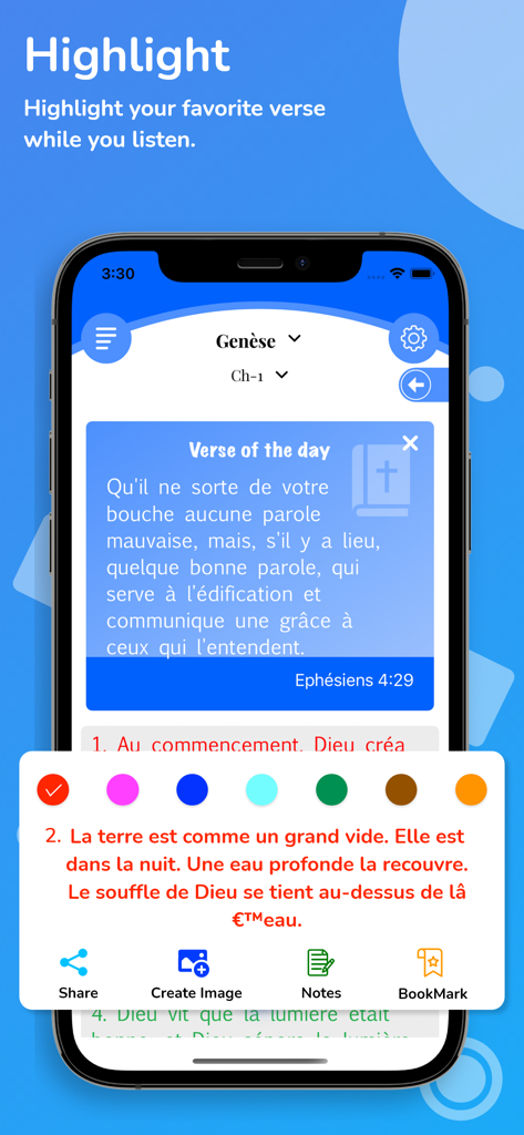La Bible Du Semeur (BDS) - Interface de l'application de la Bible en français La Bible Du Semeur montrant les options de surlignage de versets et une fenêtre contextuelle du verset du jour