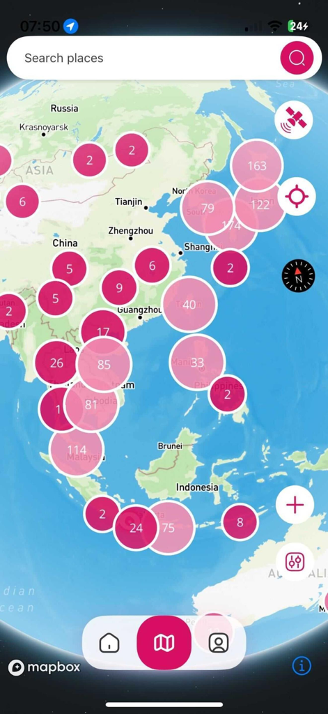Rolling Around - Rolling Around app map screen displaying clusters of bikepacking waypoints in Asia