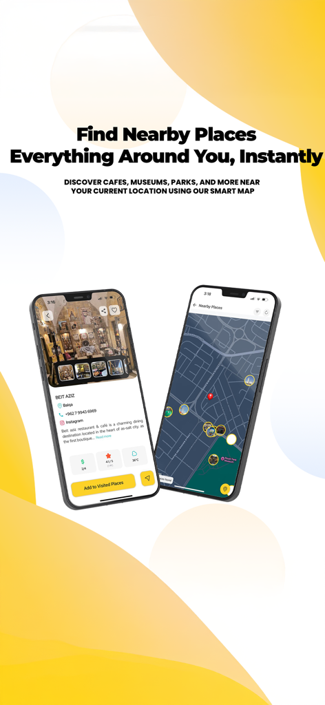 Two mobile screens of the Discover Jordan app showing a local map with points of interest and a detailed view of a restaurant.