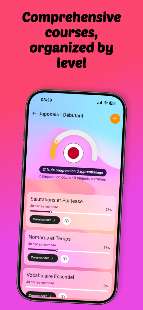 Iori Flashcards app interface showing organized language courses and learning progress tracking