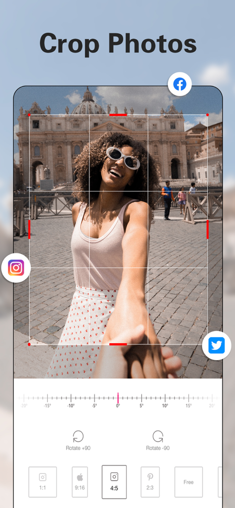 Picsee-Add text on photos - 인스타그램 및 페이스북과 같은 소셜 미디어 플랫폼을 위한 사진 자르기 및 크기 조정 옵션을 보여주는 Picsee 앱 인터페이스.