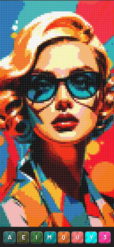 Cross Stitch: Pixel Art - Un vibrante retrato de punto de cruz digital de una mujer con gafas de sol en estilo pixel art