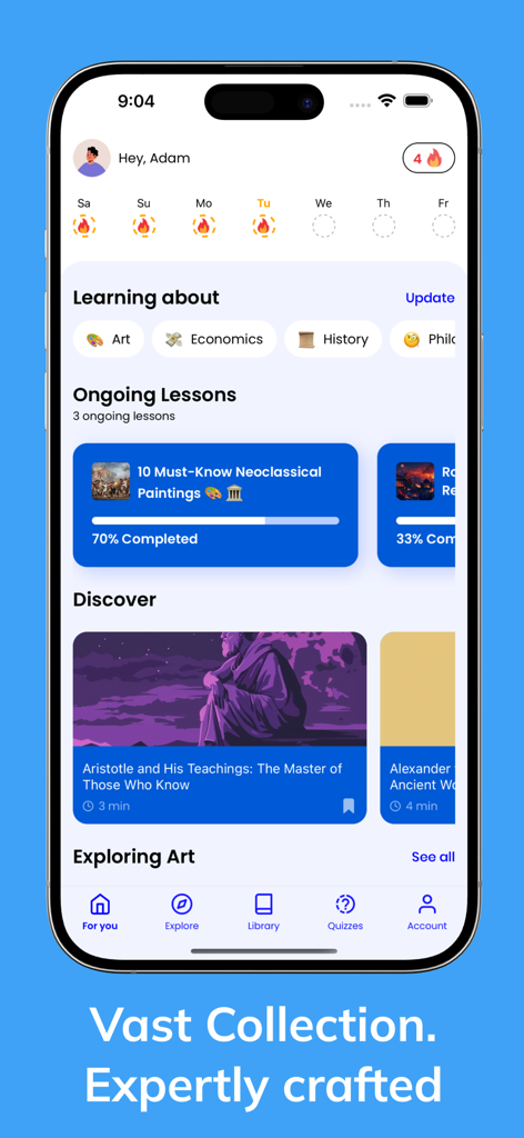 Mindsnap: Daily Micro Learning - Mindsnap app home screen showing daily learning streaks ongoing lessons and educational categories