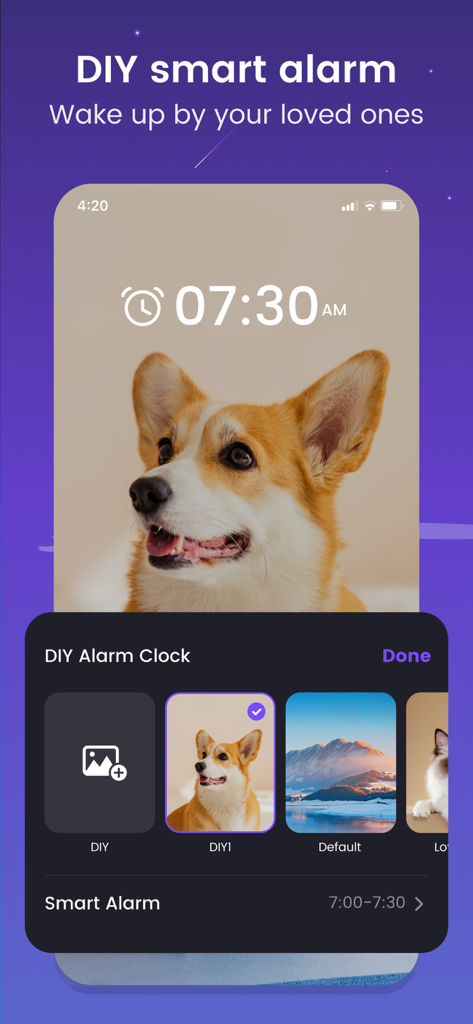 Mintal Tracker:Sleep Recorder - Mintal Tracker DIY Smart Alarm-Oberfläche mit benutzerdefiniertem Haustierfoto im Hintergrund