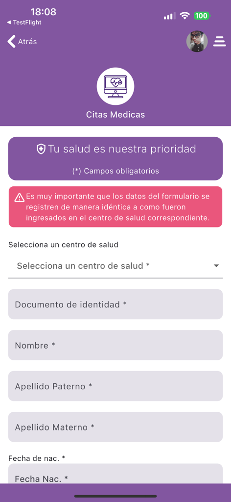 Interfaz de usuario de la aplicación Innova Cochabamba para programar citas médicas