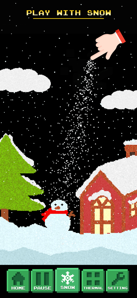 A pixel art screen from Sandbox Powder Alchemy showing a hand pouring snow onto a winter landscape with a snowman and a house.