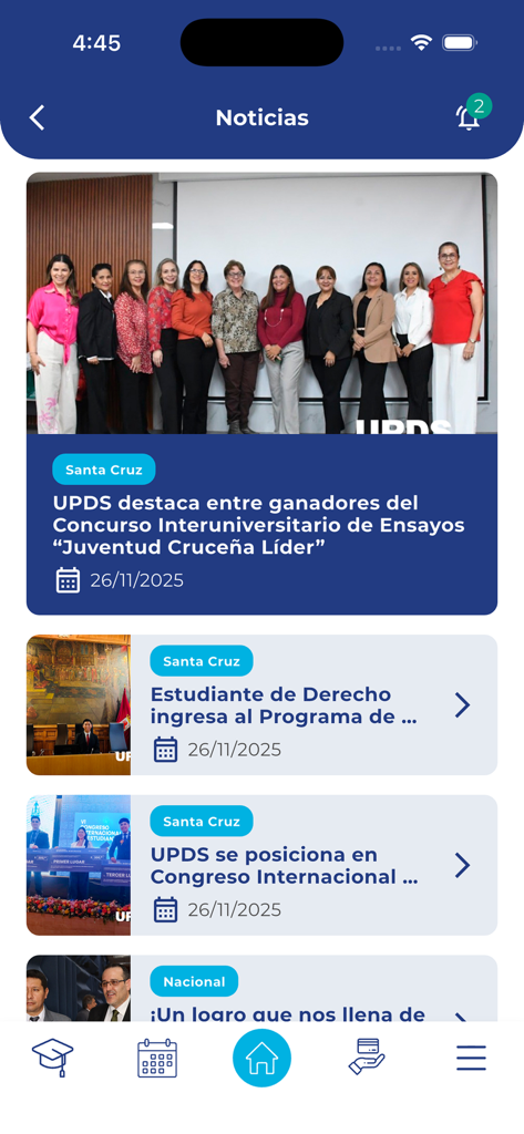 The news section of the UPDS app showing university updates and student achievements.