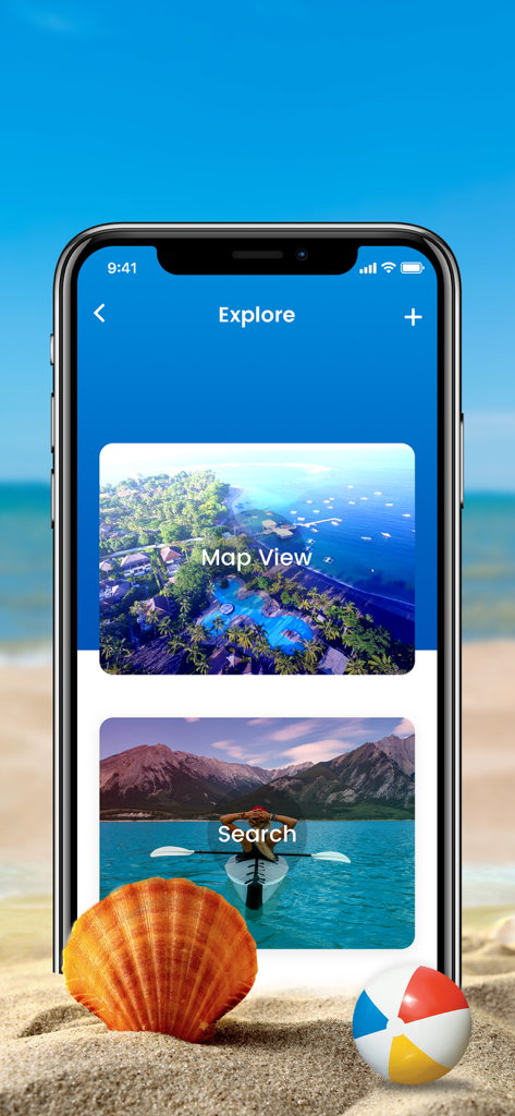 Beach Bums - Pantalla de exploración de la aplicación móvil Beach Bums que muestra la vista del mapa y las opciones de búsqueda