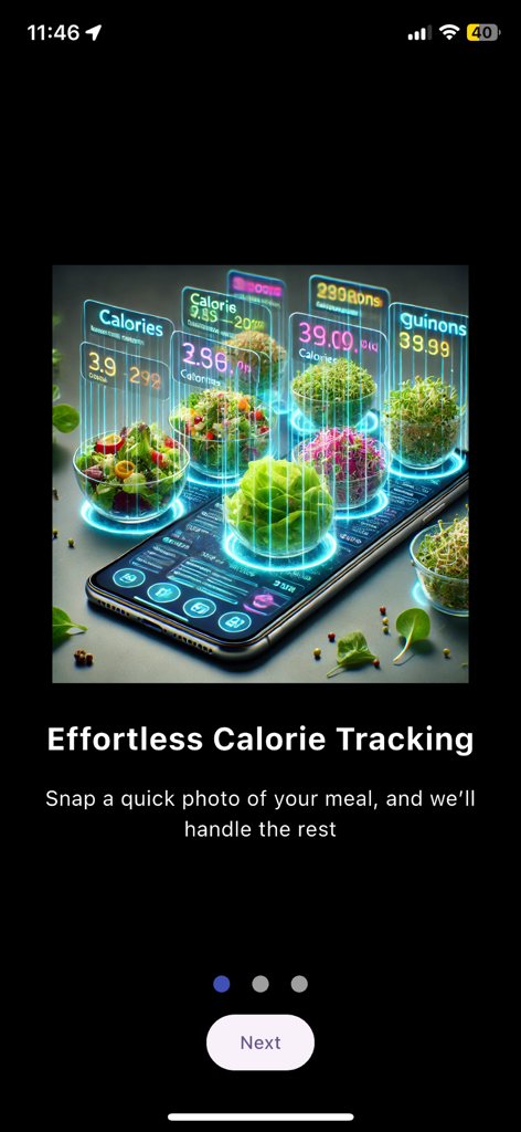 AI Calorie Counter - Tela de um smartphone exibindo o aplicativo Contador de Calorias por IA com rótulos digitais de calorias e macronutrientes pairando sobre tigelas de salada.