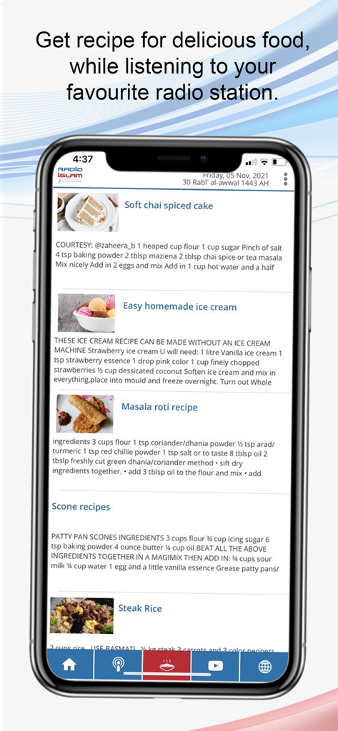 Radio Islam International - Screenshot of the Radio Islam International app showing a list of various recipes and cooking instructions