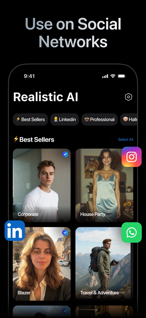 LinkedInやInstagramなどのソーシャルメディア用のさまざまな写真スタイルを示すAIヘッドショットジェネレーターアプリのインターフェイス