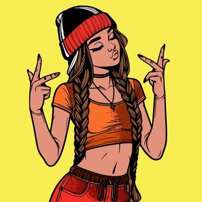 realistic teenage girl with braids and a beanie and crop top doing 🫶🏼