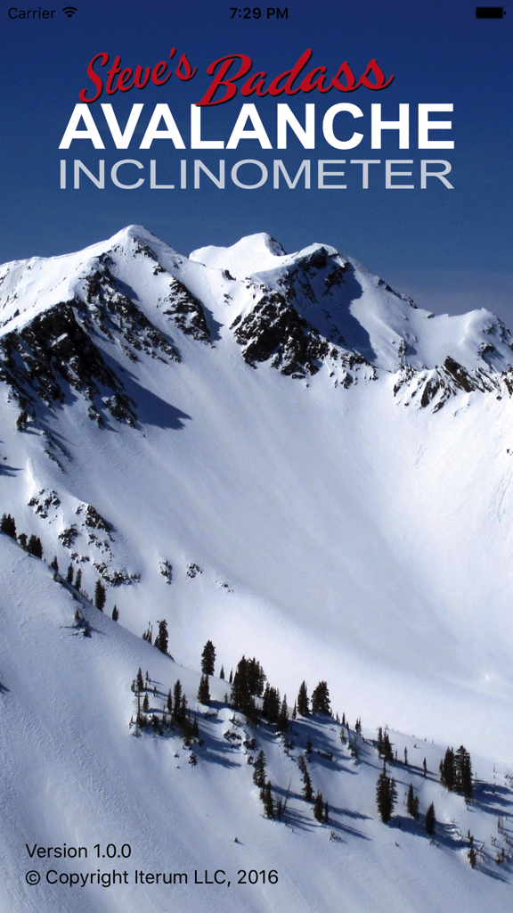 Avalanche Inclinometer - Steve's Badass Avalanche Inclinometer app home screen featuring a snow covered mountain range