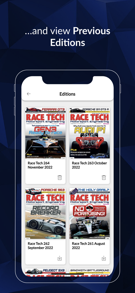 Race Tech - Aplicación móvil Race Tech mostrando una biblioteca de ediciones anteriores de revistas para descargar y leer.