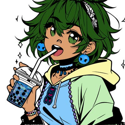hot baddie anime girl drinking boba and biting the straw