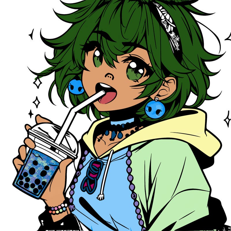hot baddie anime girl drinking boba and biting the straw