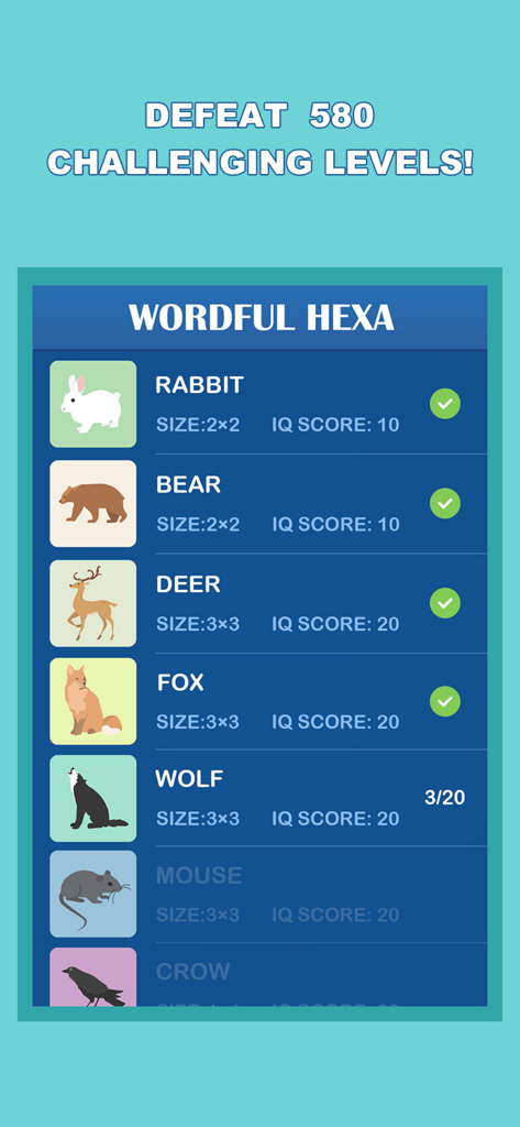 A menu screen of Wordful Hexa showing animal themed levels like Rabbit and Bear with their respective IQ scores and completion status