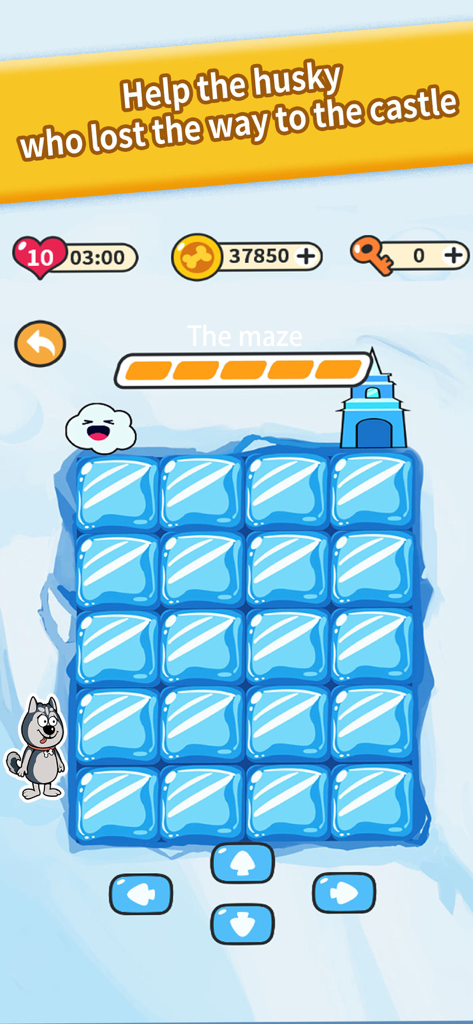 Husky Mind - Uno screenshot del gioco di puzzle Husky Mind che mostra un personaggio husky all'inizio di un labirinto di blocchi di ghiaccio con l'obiettivo di raggiungere un castello blu.