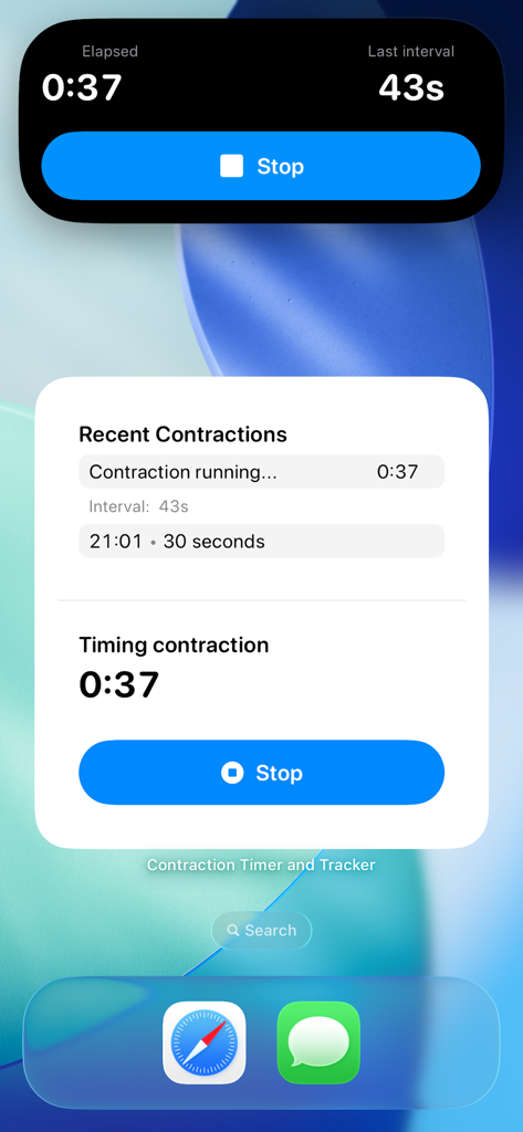 Contraction timer app displaying a live tracking widget and dynamic island on an iPhone home screen.