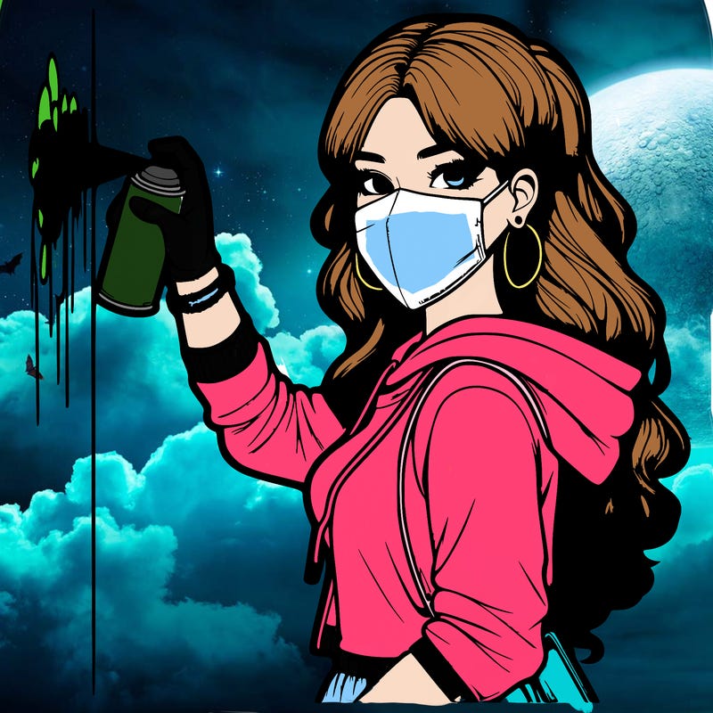 realistic girl with mask spray painting a wall