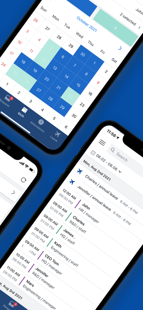 Mobile screens of the Shiftee app displaying employee work schedules and calendar views