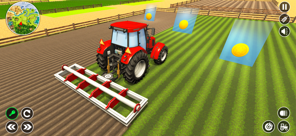 Tractor Driving Farming Game - Un tractor rojo arando un campo de cultivo verde en un juego de simulación de agricultura en 3D con monedas de oro coleccionables.