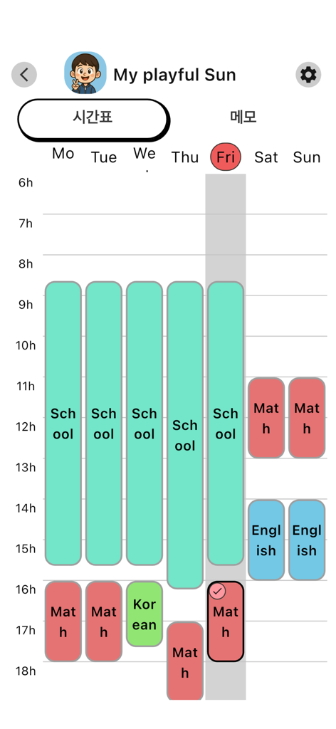 TokTok Timetable - Weekly student timetable showing color-coded blocks for school and academy classes from morning to evening.