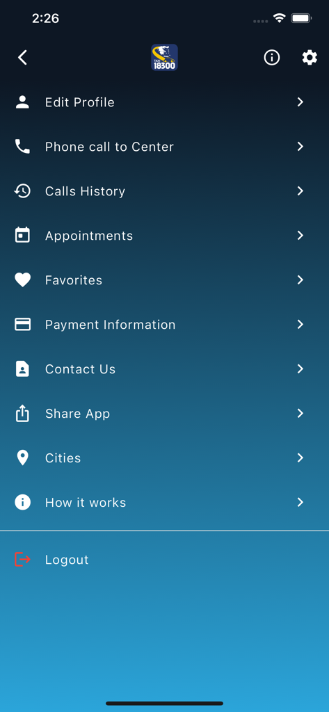 Main menu of the TAXI 18300 app showing options for ride appointments and call history