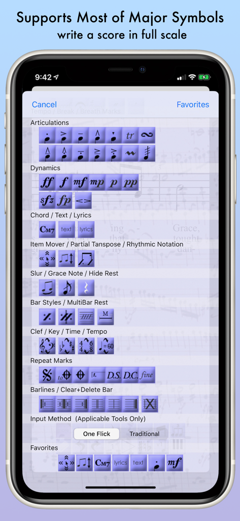A menu of music notation symbols in the iWriteMusic app showing articulations dynamics and time signatures
