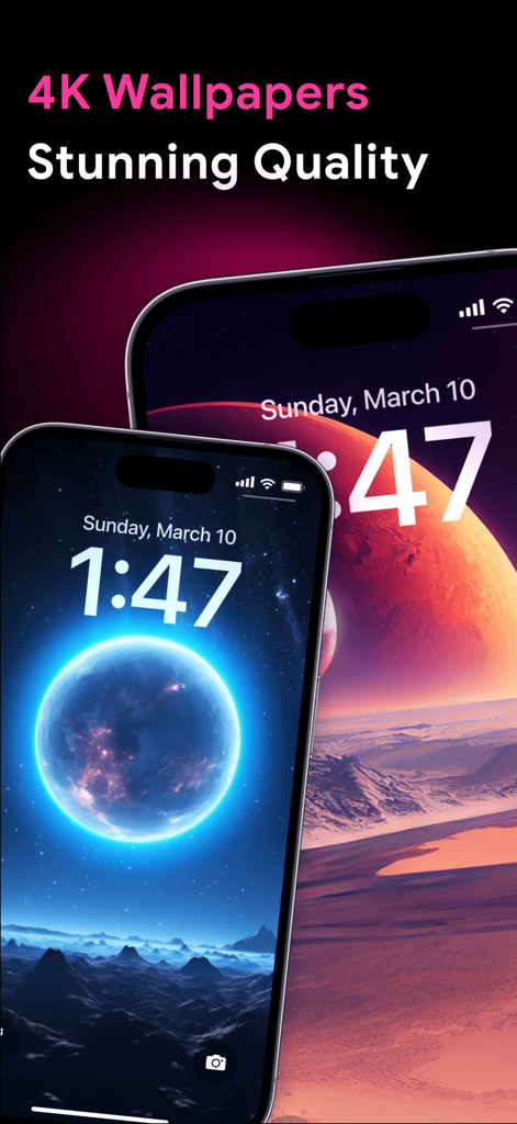 4K Wallpapers: HD Backgrounds - Dos iPhones mostrando impresionantes fondos de pantalla 4K del espacio con diseños planetarios de alta resolución.