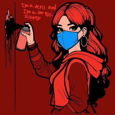 realistic girl with mask spray painting a wall