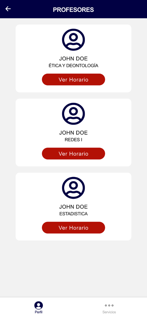 URBE - Una lista de profesores universitarios con sus materias y botones para ver sus horarios de clase en la aplicación móvil URBE