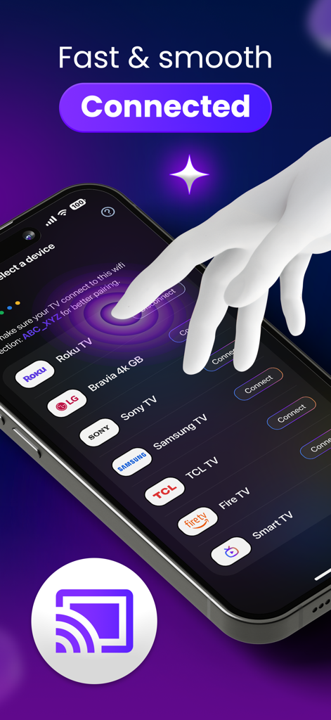 A hand selecting a smart TV brand from a list on the Roly app interface to connect via iPhone