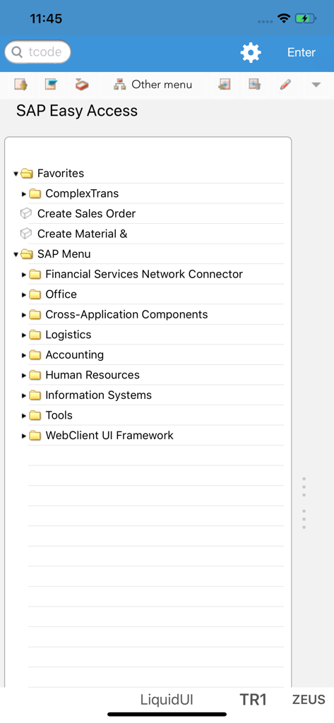 Liquid UI Client for SAP - A mobile view of the SAP Easy Access navigation menu within the Liquid UI Client app.