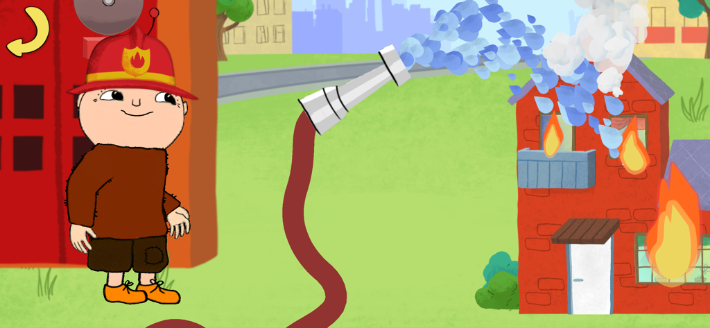 Alfie Atkins dressed as a firefighter putting out a house fire