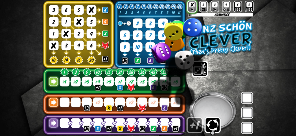 Interfaz de juego del juego de dados That's Pretty Clever que muestra cuadrículas de puntuación de colores.