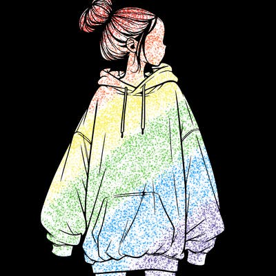 realistic girl with a oversized sweatshirt on and a bun