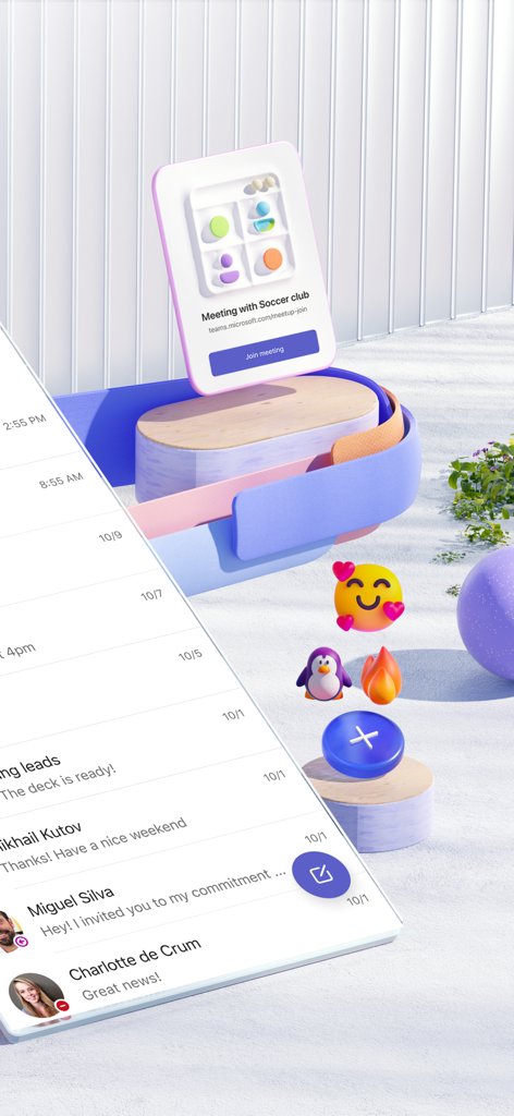 커뮤니티 그룹을 위한 플로팅 회의 알림과 함께 Microsoft Teams 채팅 메시지를 표시하는 모바일 기기.