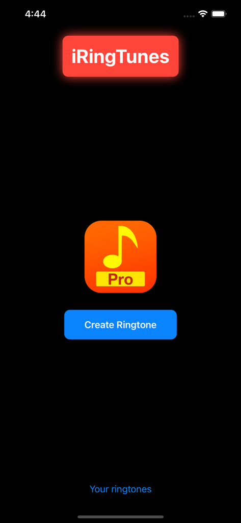 Home screen of the iRingTunes plus app showing a blue create ringtone button and a musical note logo on a black background