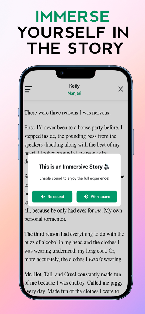 Galatea app screen showing a romance story with a pop up to enable immersive sound