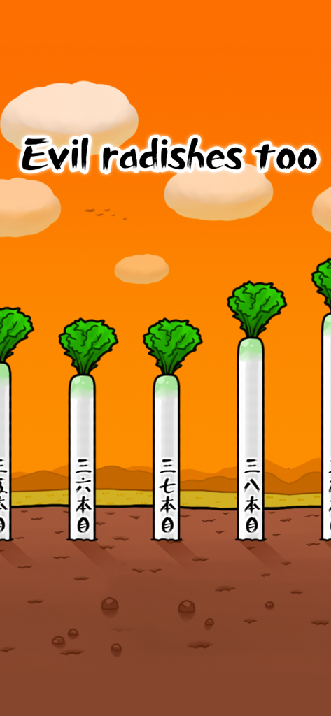 RadishGirl - Tela de jogabilidade de RadishGirl mostrando uma fileira de rabanetes gigantes contra um céu laranja com o texto Rabanetes malignos também.