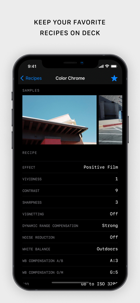 Ricoh Recipes — JPEG Settings - Interface do aplicativo Ricoh Recipes mostrando configurações JPEG Color Chrome e fotos de amostra