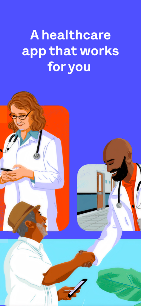 Tela de introdução do aplicativo Oscar Health com ilustrações de diversos profissionais médicos e pacientes